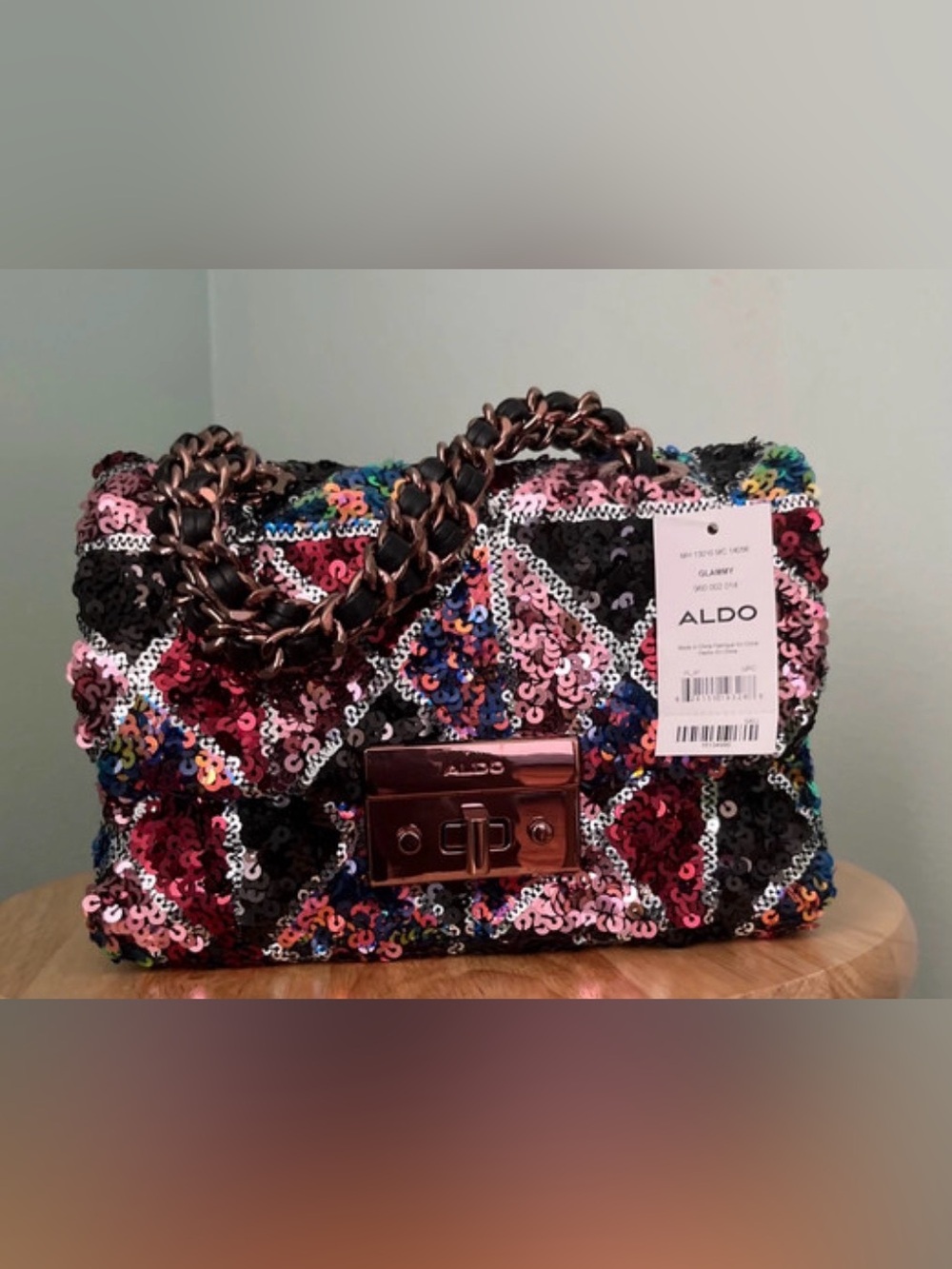 ALDO Sequin Patchwork Chain Shoulder Bag in Pink, Blue & Black